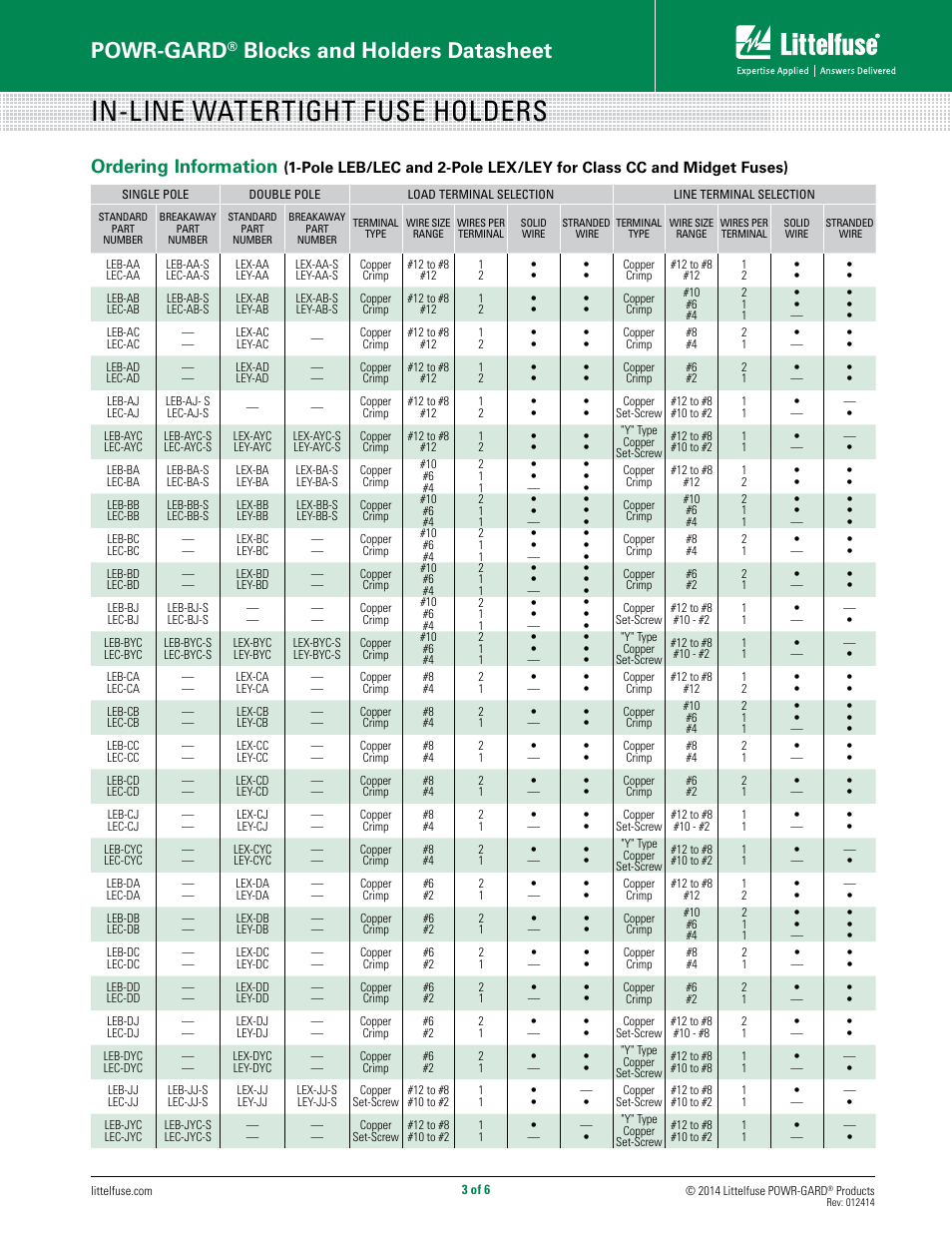 In-line watertight fuse holders, Powr-gard, Blocks and holders datasheet | Ordering information | Littelfuse LEB Series User Manual | Page 3 / 6