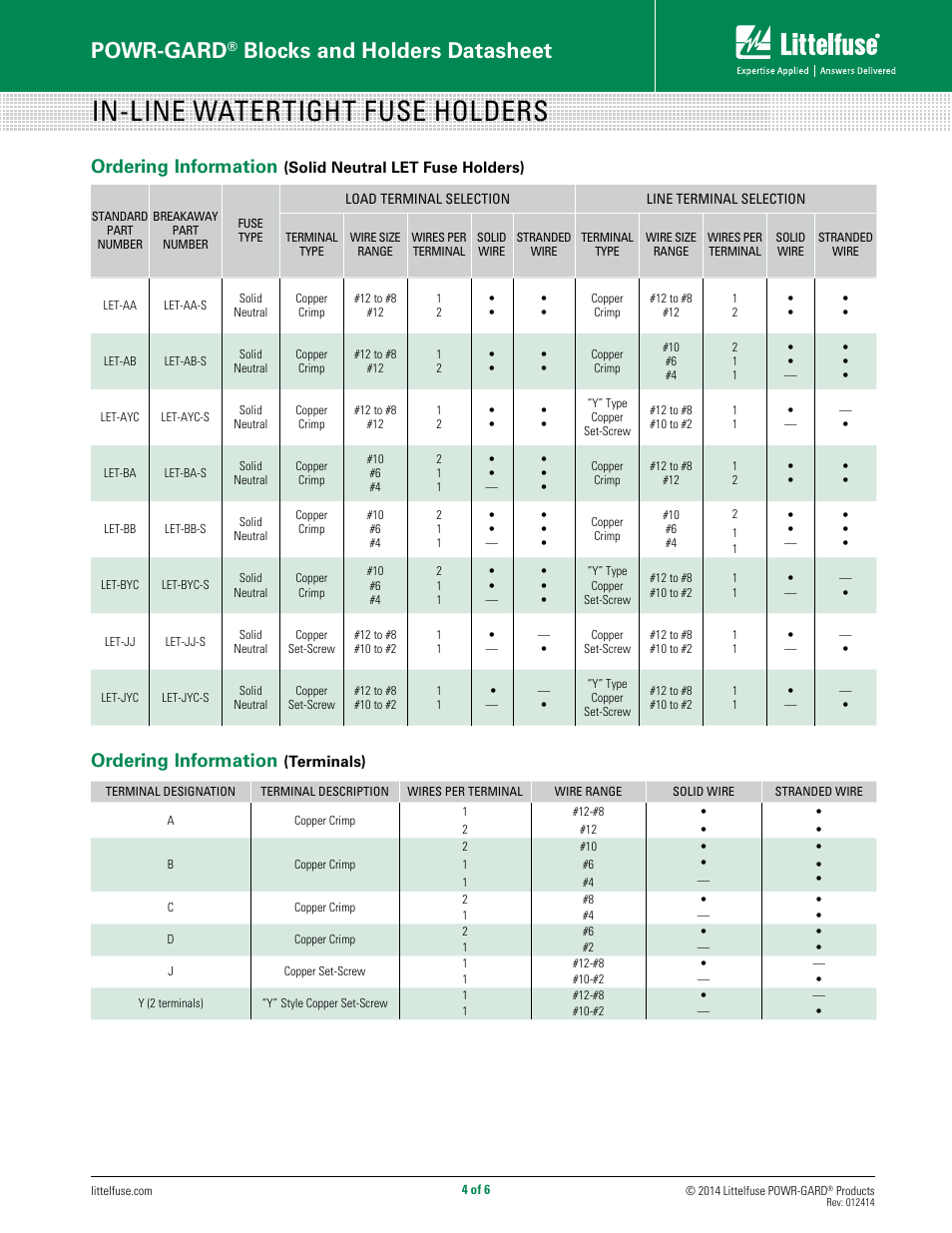 In-line watertight fuse holders, Powr-gard, Blocks and holders datasheet | Ordering information | Littelfuse LEB Series User Manual | Page 4 / 6