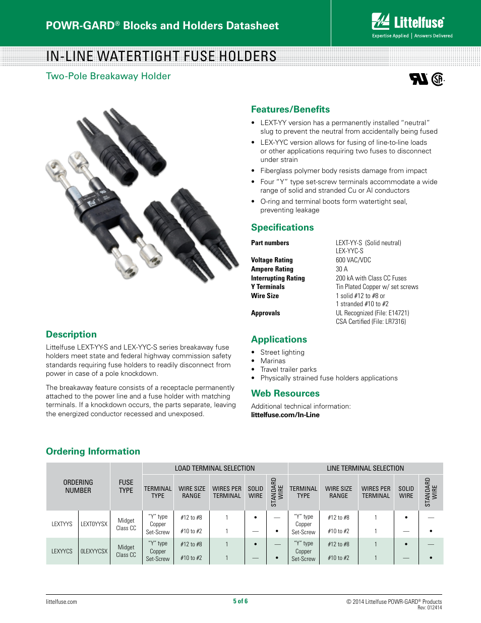 In-line watertight fuse holders, Powr-gard, Blocks and holders datasheet | Two-pole breakaway holder description, Features/benefits, Specifications, Applications, Web resources, Ordering information | Littelfuse LEB Series User Manual | Page 5 / 6