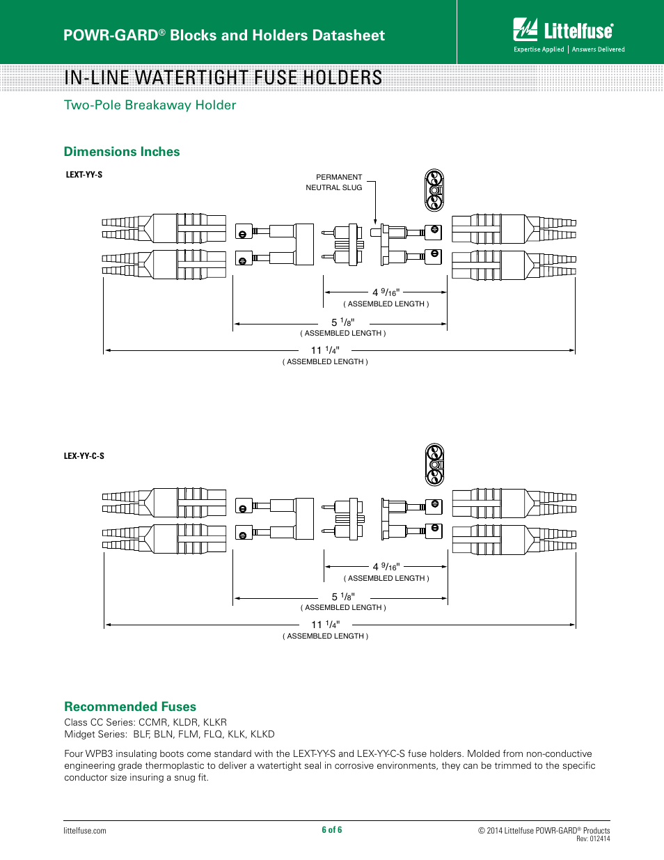 In-line watertight fuse holders, Powr-gard, Blocks and holders datasheet | Two-pole breakaway holder recommended fuses, Dimensions inches | Littelfuse LEB Series User Manual | Page 6 / 6