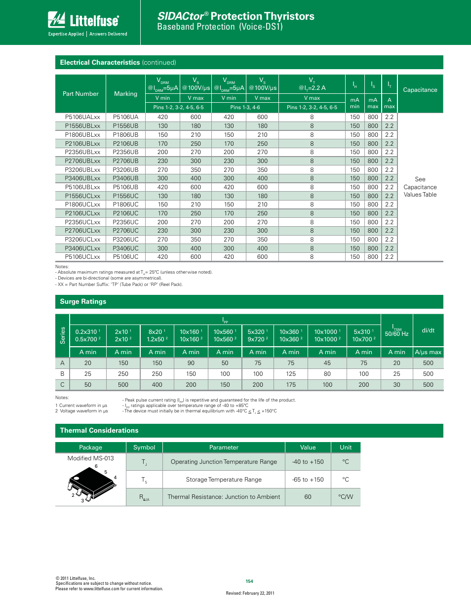 Sidactor, Protection thyristors, Baseband protection (voice-ds1) | Littelfuse SIDACtor Balanced Multiport Series MS-013 User Manual | Page 2 / 5