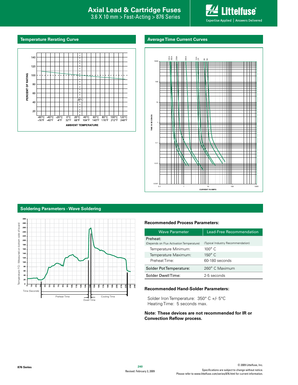 Introduction to circuit protection, Axial lead & cartridge fuses, Transientology | Wave parameter lead-free recommendation preheat, 5fnqfsbuvsf.jojnvn 100, C5fnqfsbuvsf.byjnvn 150, C maximum solder dwell time: tfdpoet | Littelfuse 876 Series User Manual | Page 2 / 3