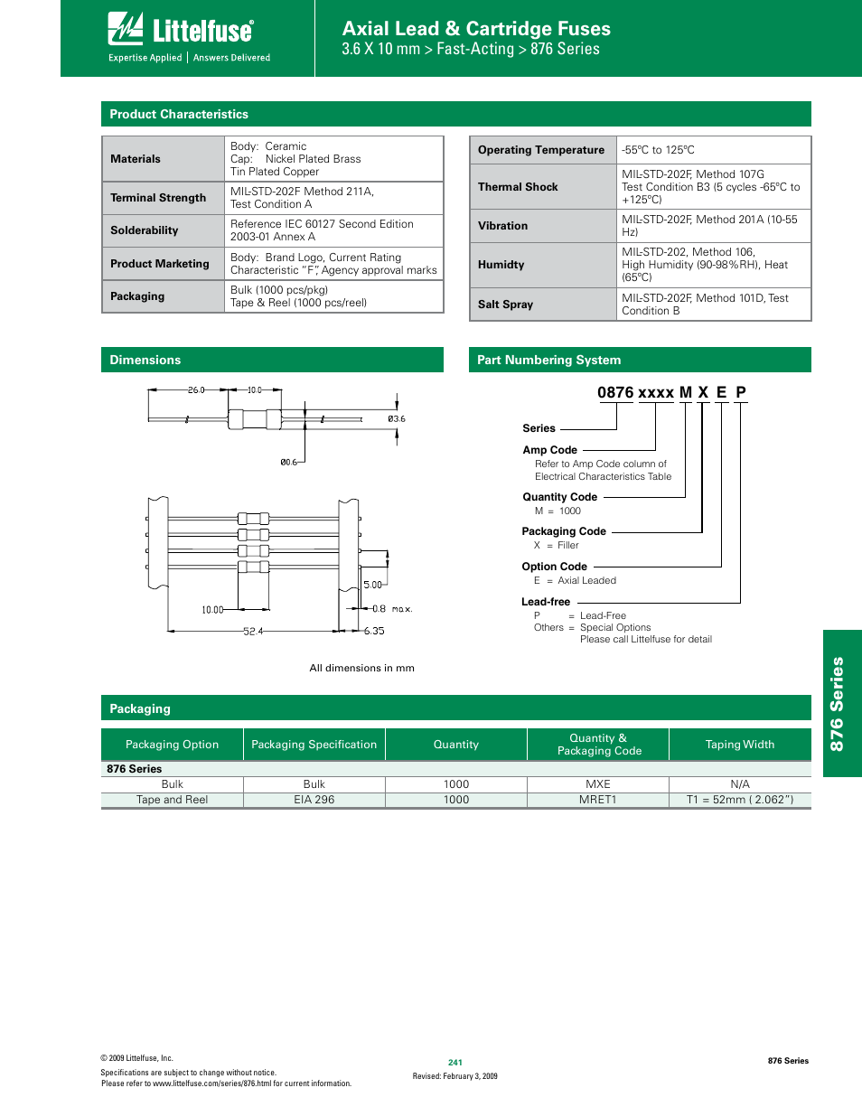 Axial lead & cartridge fuses, 876 series | Littelfuse 876 Series User Manual | Page 3 / 3