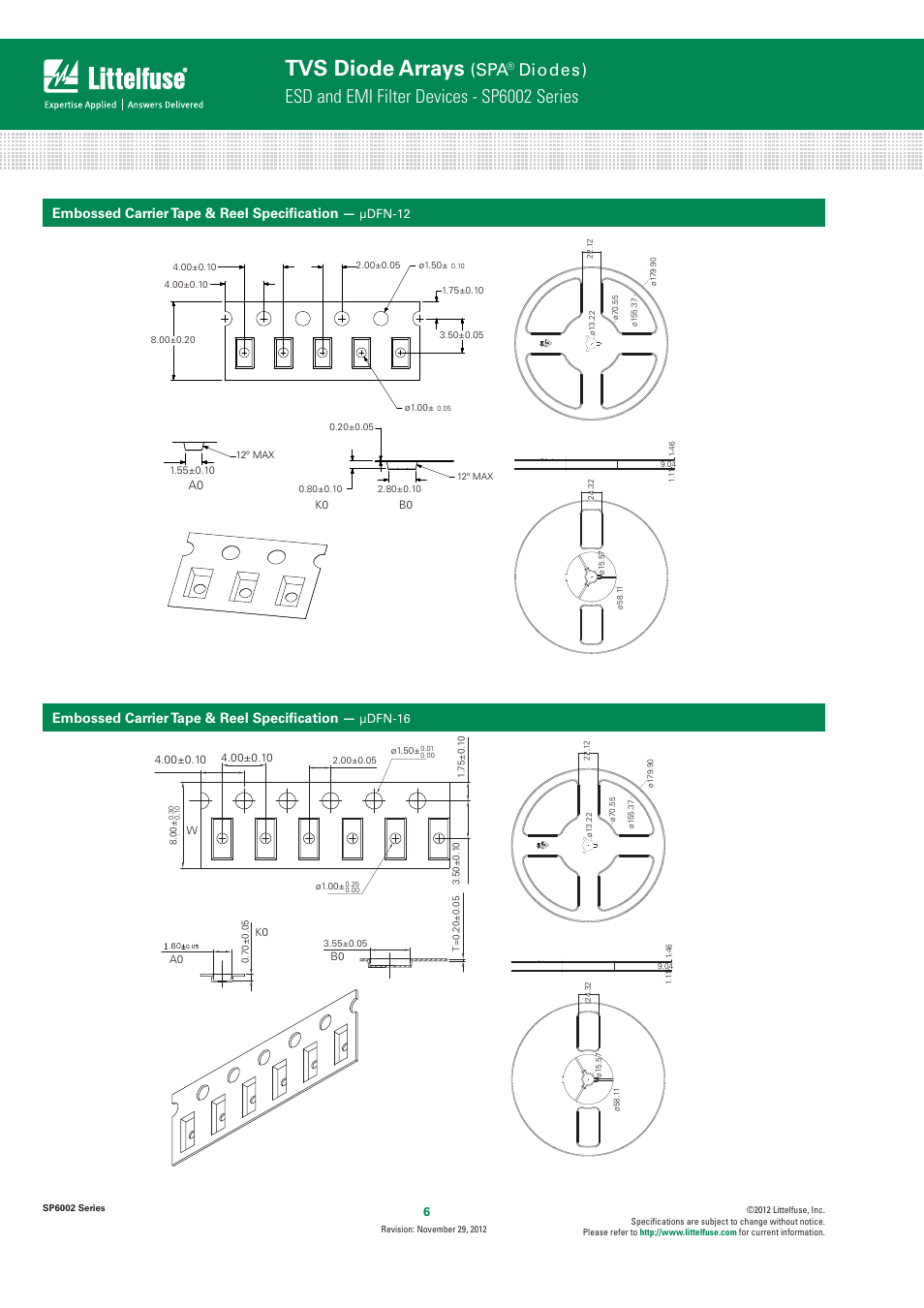 Tvs diode arrays, Esd and emi filter devices - sp6002 series, Djpeft) | Embossed carrier tape & reel speciﬁcation | Littelfuse SP6002 Series User Manual | Page 6 / 6