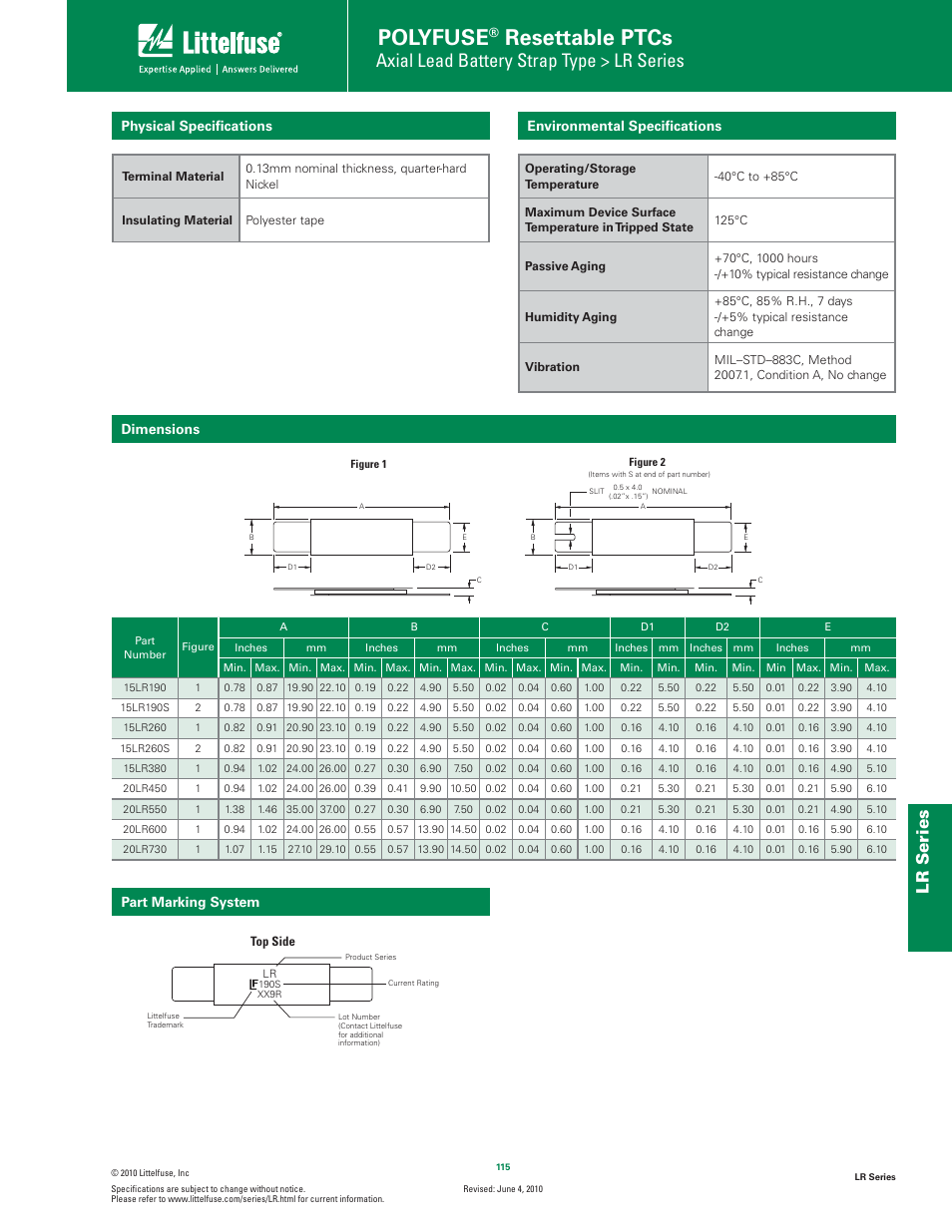 Polyfuse, Resettable ptcs, Axial lead battery strap type > lr series | Lr s eries, Environmental speciﬁcations, Physical speciﬁcations, Dimensions, Part marking system | Littelfuse LR Series User Manual | Page 3 / 4