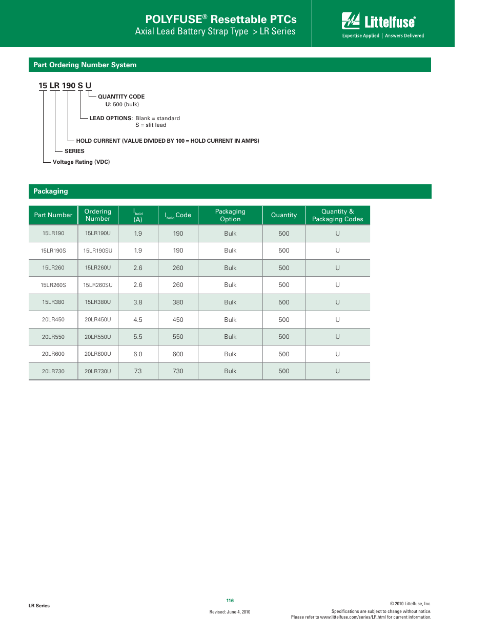 Polyfuse, Resettable ptcs, Axial lead battery strap type > lr series | Littelfuse LR Series User Manual | Page 4 / 4