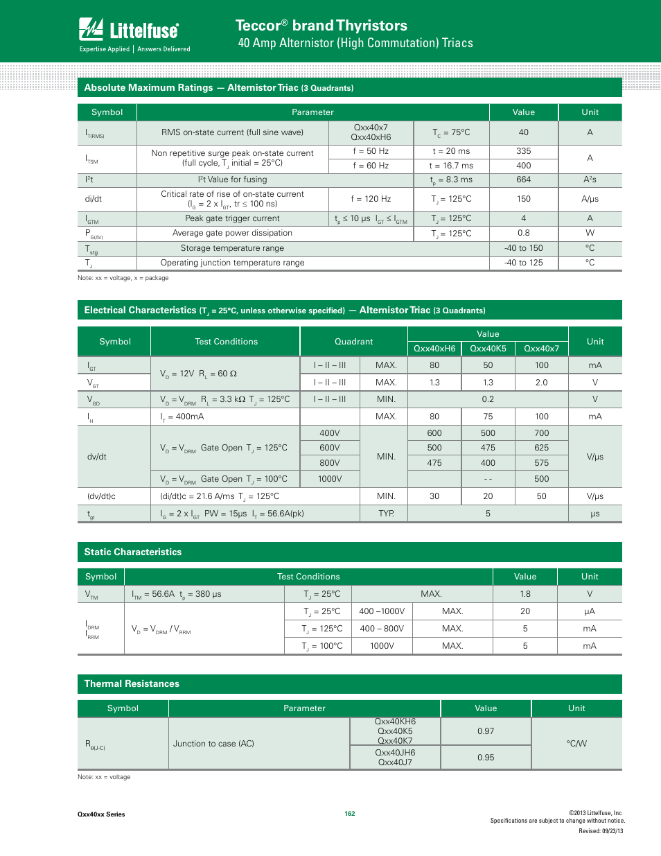 Teccor, Brand thyristors, 40 amp alternistor (high commutation) triacs | Littelfuse Qxx40xx Series User Manual | Page 2 / 7