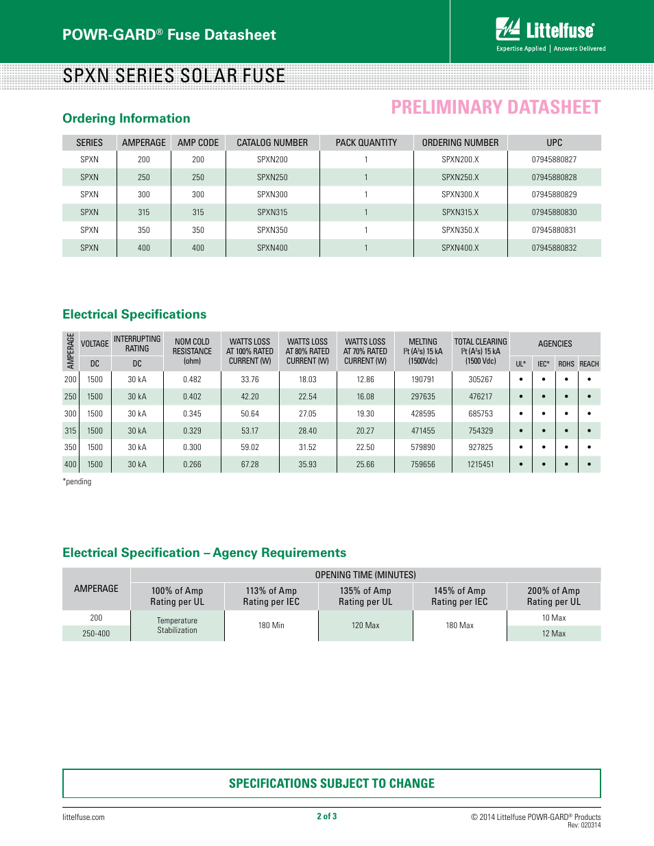 Spxn series solar fuse, Preliminary datasheet, Powr-gard | Fuse datasheet, Electrical specifications ordering information, Electrical specification – agency requirements, Specifications subject to change | Littelfuse SPXN Series User Manual | Page 2 / 3