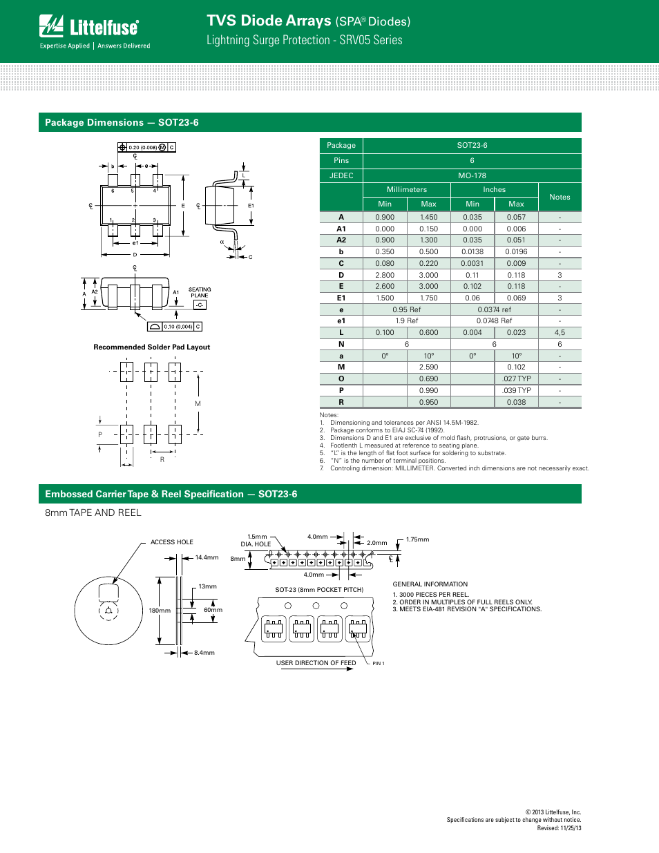 Tvs diode arrays, Lightning surge protection - srv05 series, Diodes) | Package dimensions — sot23-6 | Littelfuse SRV05 Series User Manual | Page 4 / 4