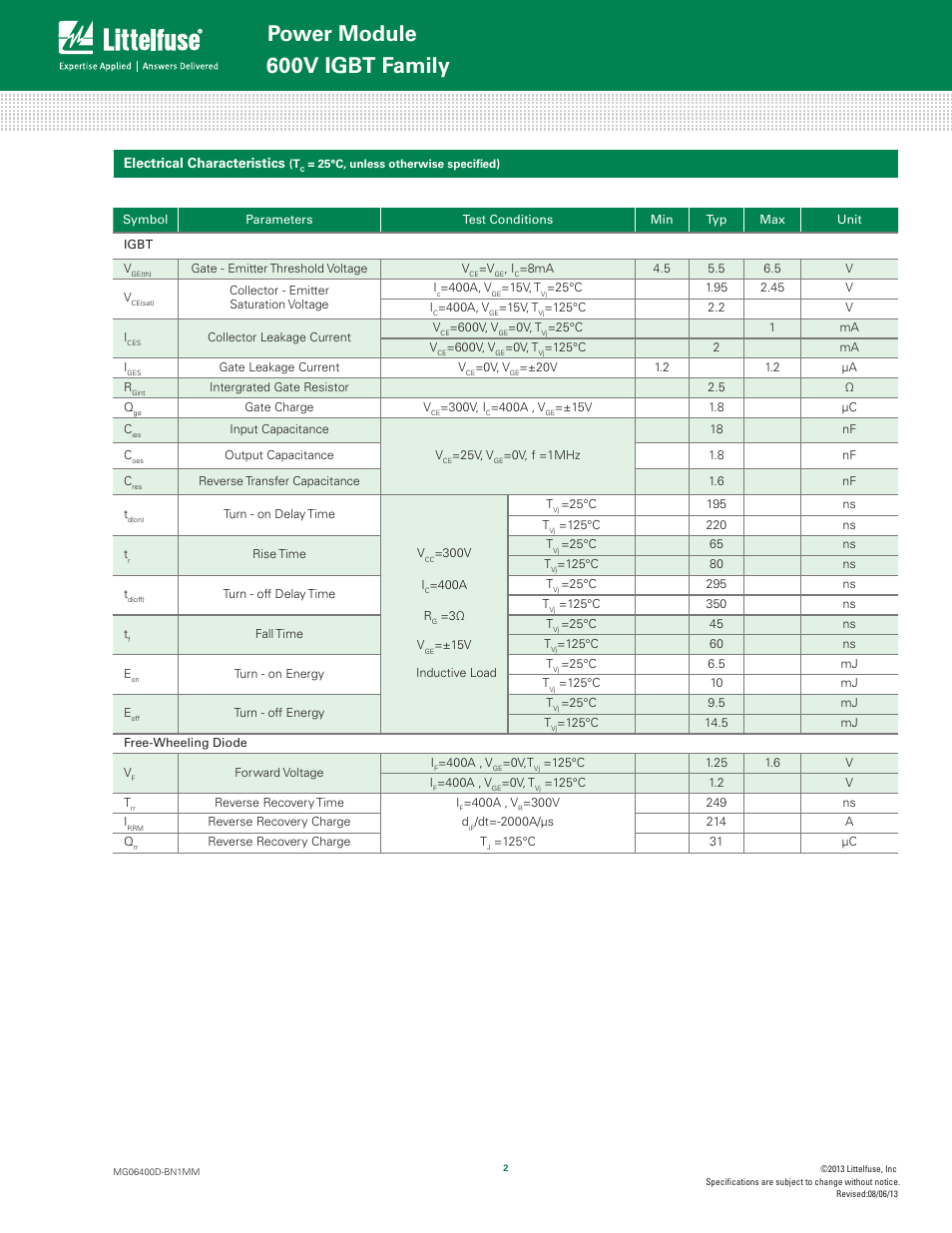 Power module, 600v igbt family | Littelfuse MG06400D-BN1MM Series User Manual | Page 2 / 6