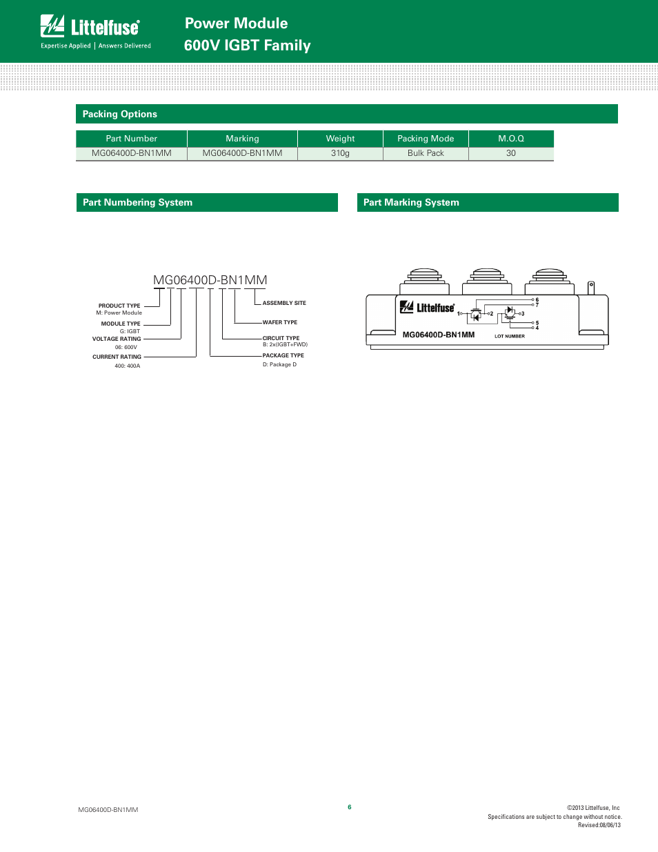 Power module, 600v igbt family, Packing options | Part numbering system part marking system | Littelfuse MG06400D-BN1MM Series User Manual | Page 6 / 6
