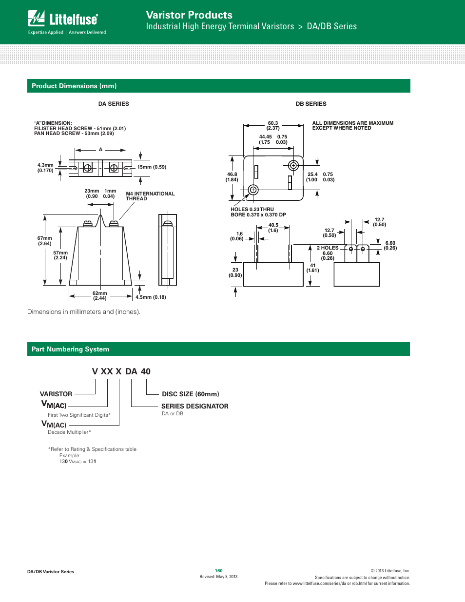 Varistor products, V xx x da 40 | Littelfuse DA_DB Varistor Series User Manual | Page 4 / 4