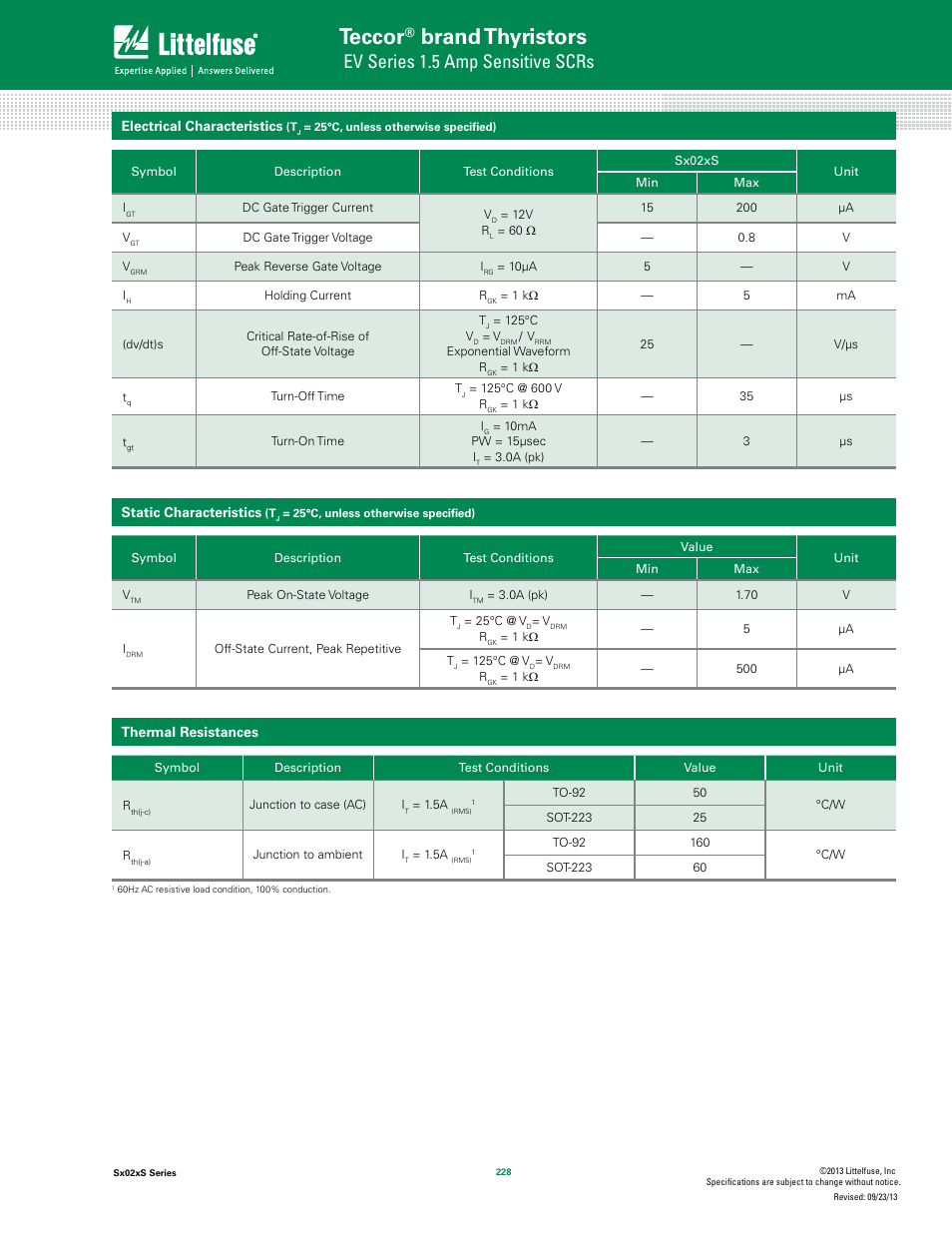 Teccor, Brand thyristors, Ev series 1.5 amp sensitive scrs | Littelfuse Sx02xS Series User Manual | Page 2 / 8