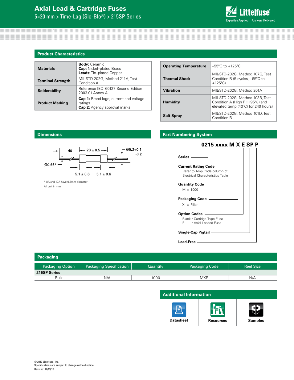 Axial lead & cartridge fuses, 5×20 mm > time-lag (slo-blo, 215sp series | Littelfuse 215SP Series User Manual | Page 3 / 3