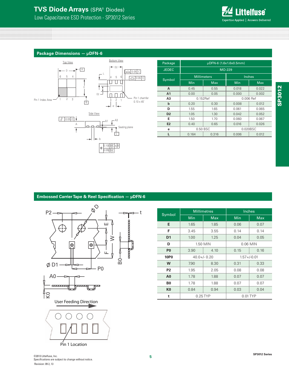 Tvs diode arrays, Low capacitance esd protection - sp3012 series, Diodes) | Sp30 1 2, User feeding direction pin 1 location | Littelfuse SP3012 Series User Manual | Page 5 / 8