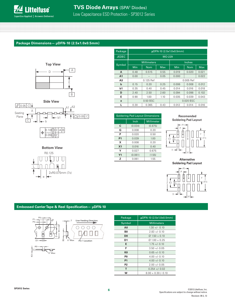 Tvs diode arrays, Low capacitance esd protection - sp3012 series, Diodes) | Top view, Bottom view, Side view, Soldering pad layout recomended, Embossed carrier tape & reel speciﬁcation— µdfn-10 | Littelfuse SP3012 Series User Manual | Page 6 / 8