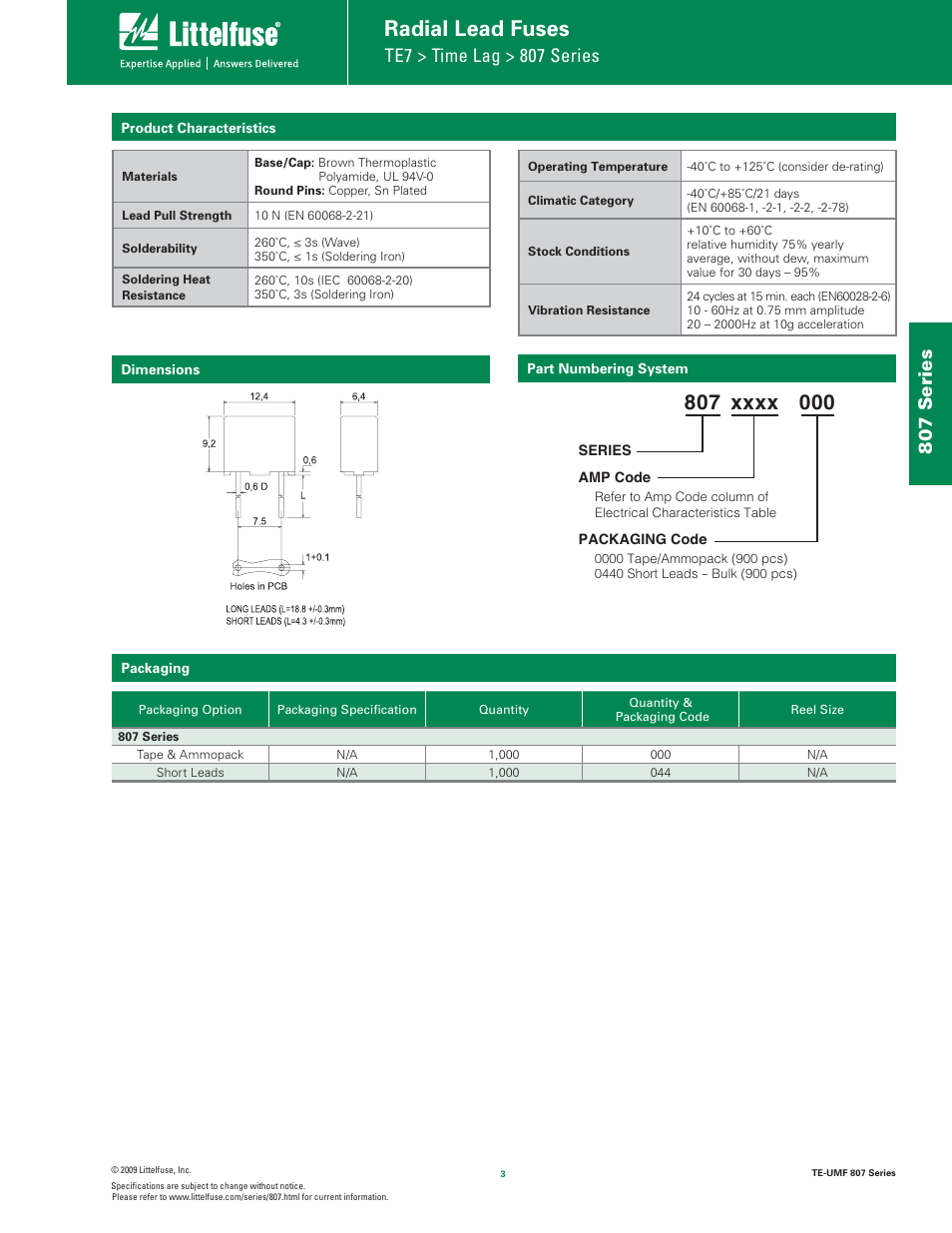 Radial lead fuses, Te7 > time lag > 807 series, 807 series | Littelfuse 807 Series User Manual | Page 3 / 3