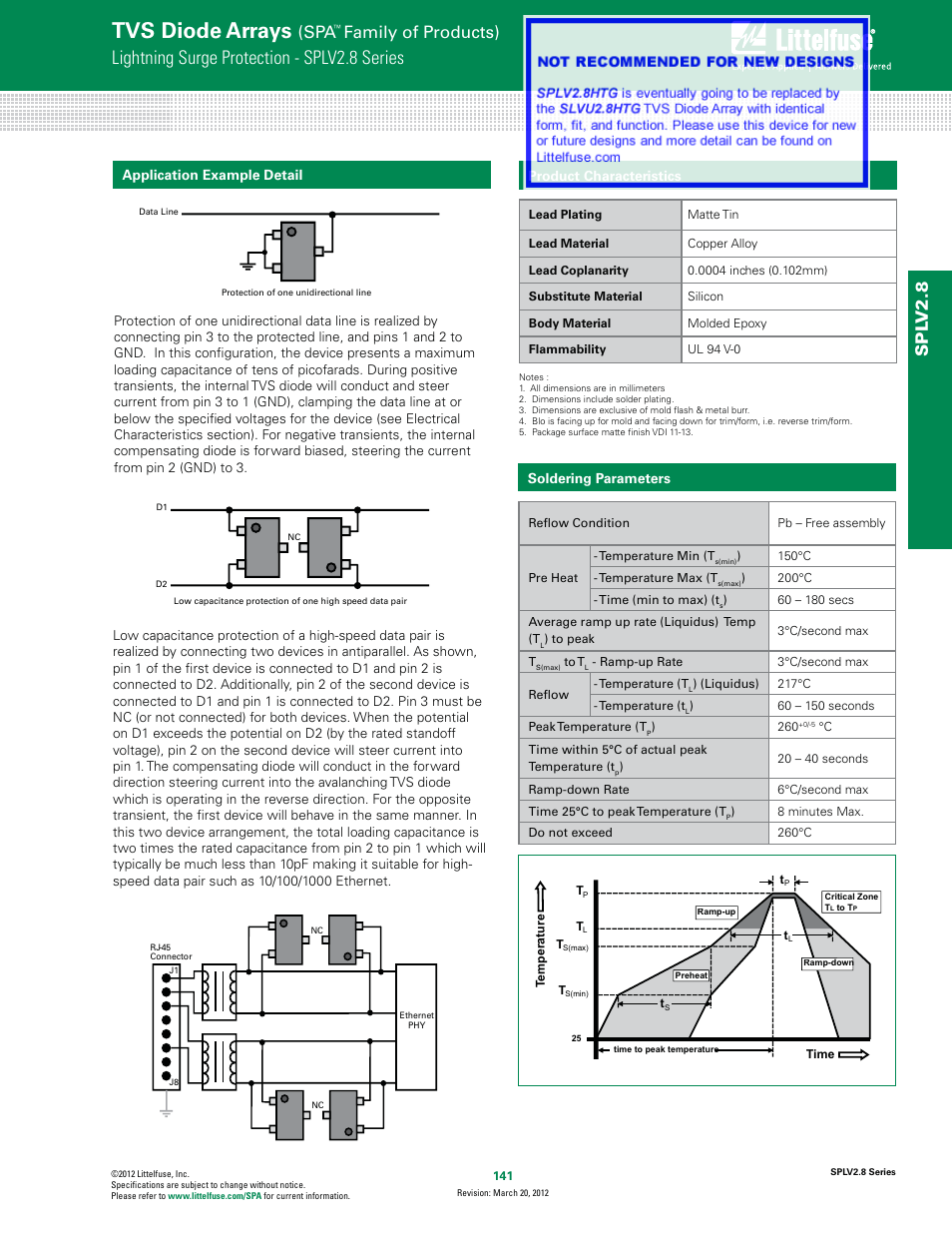 Tvs diode arrays, Lightning surge protection - splv2.8 series, Family of products) | Spl v2.8, Product characteristics, Soldering parameters, Application example detail | Littelfuse SPLV2.8 Series User Manual | Page 3 / 4