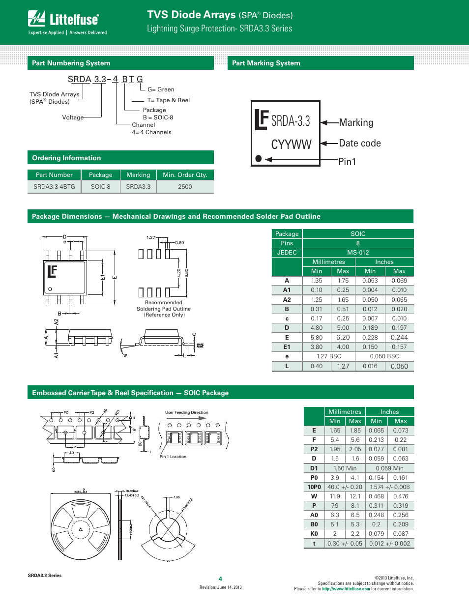 Srda-3.3, Cyyww, Tvs diode arrays | Marking, Date code pin1, Lightning surge protection- srda3.3 series, Diodes), Srda 3.3 b t g | Littelfuse SRDA3.3 Series User Manual | Page 4 / 4