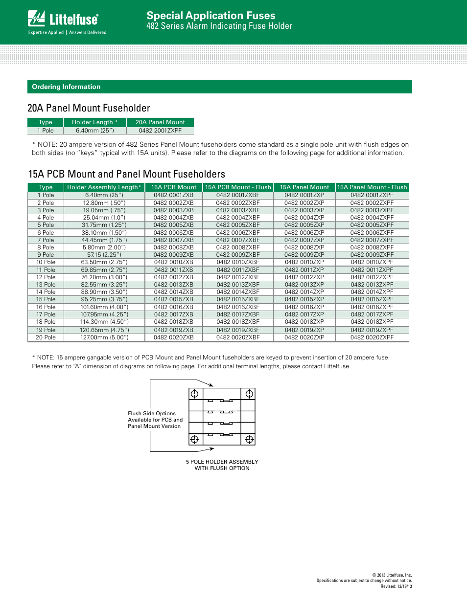 Special application fuses, 15a pcb mount and panel mount fuseholders, 20a panel mount fuseholder | 482 series alarm indicating fuse holder | Littelfuse 482 Series User Manual | Page 2 / 3