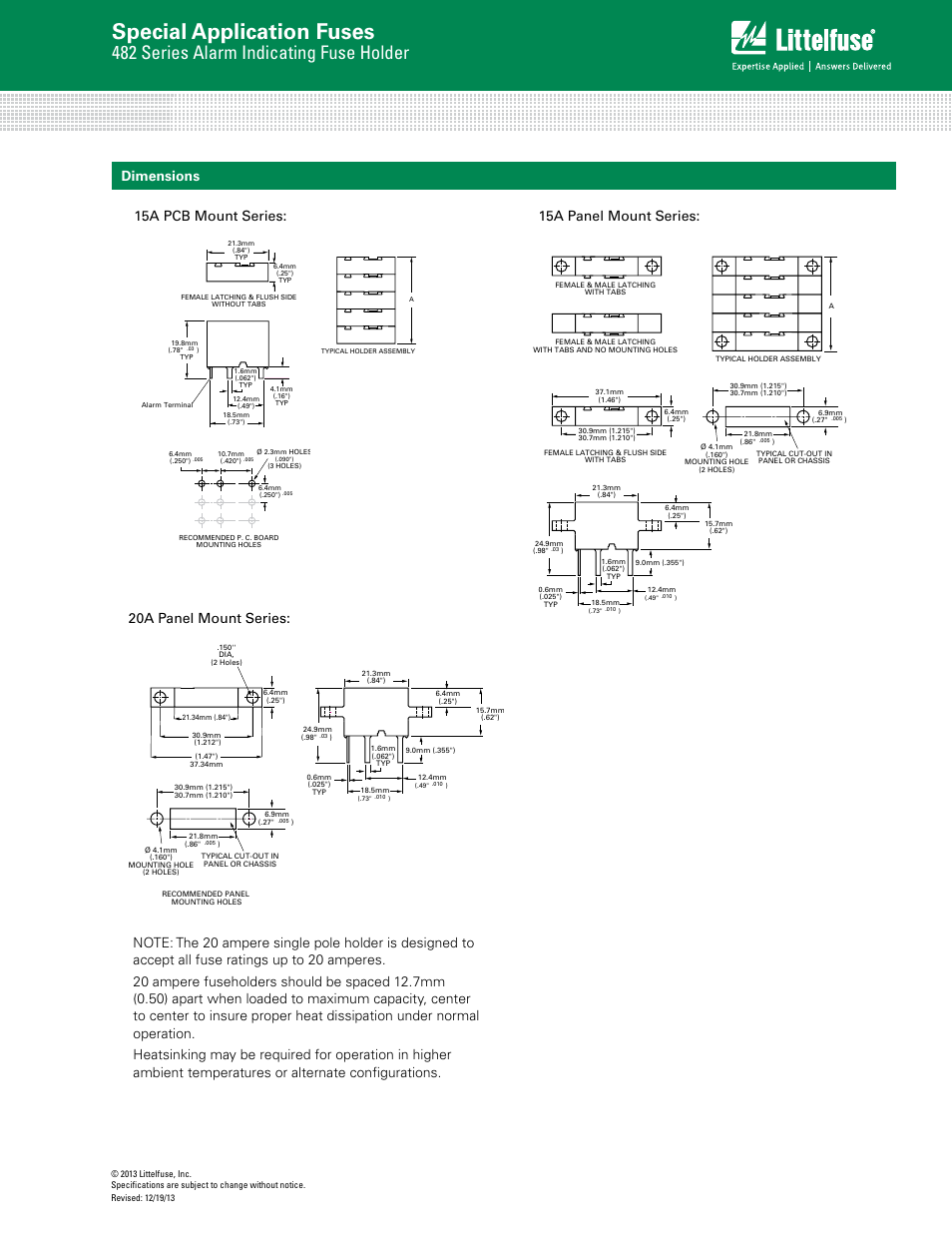 Special application fuses, 482 series alarm indicating fuse holder, Dimensions | Littelfuse 482 Series User Manual | Page 3 / 3