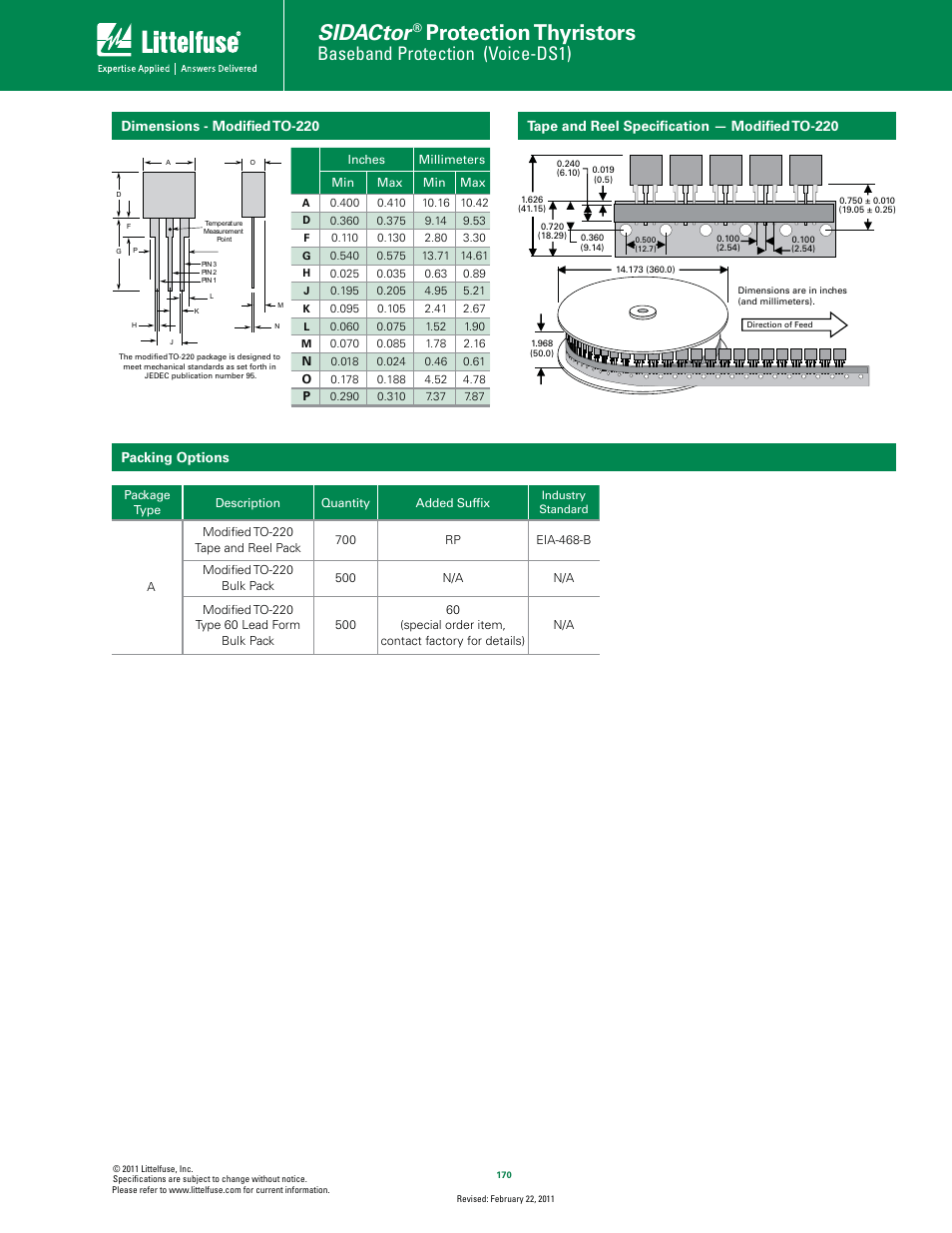 Sidactor, Protection thyristors, Baseband protection (voice-ds1) | Packing options, Tape and reel speciﬁcation — modiﬁed to-220, Dimensions - modiﬁed to-220 | Littelfuse SIDACtor Series TO-220 User Manual | Page 5 / 5