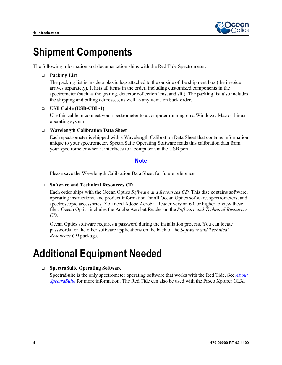 Shipment components additional equipment needed, Shipment components, Additional equipment needed | Ocean Optics Red Tide USB650 Install User Manual | Page 10 / 26