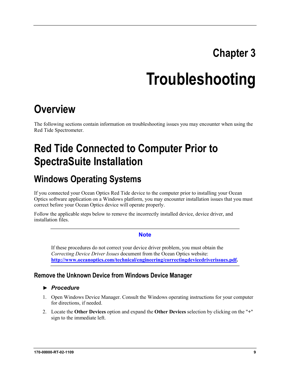 Chapter 3: troubleshooting, Windows operating systems, Chapter 3 | Troubleshooting, Overview | Ocean Optics Red Tide USB650 Install User Manual | Page 15 / 26