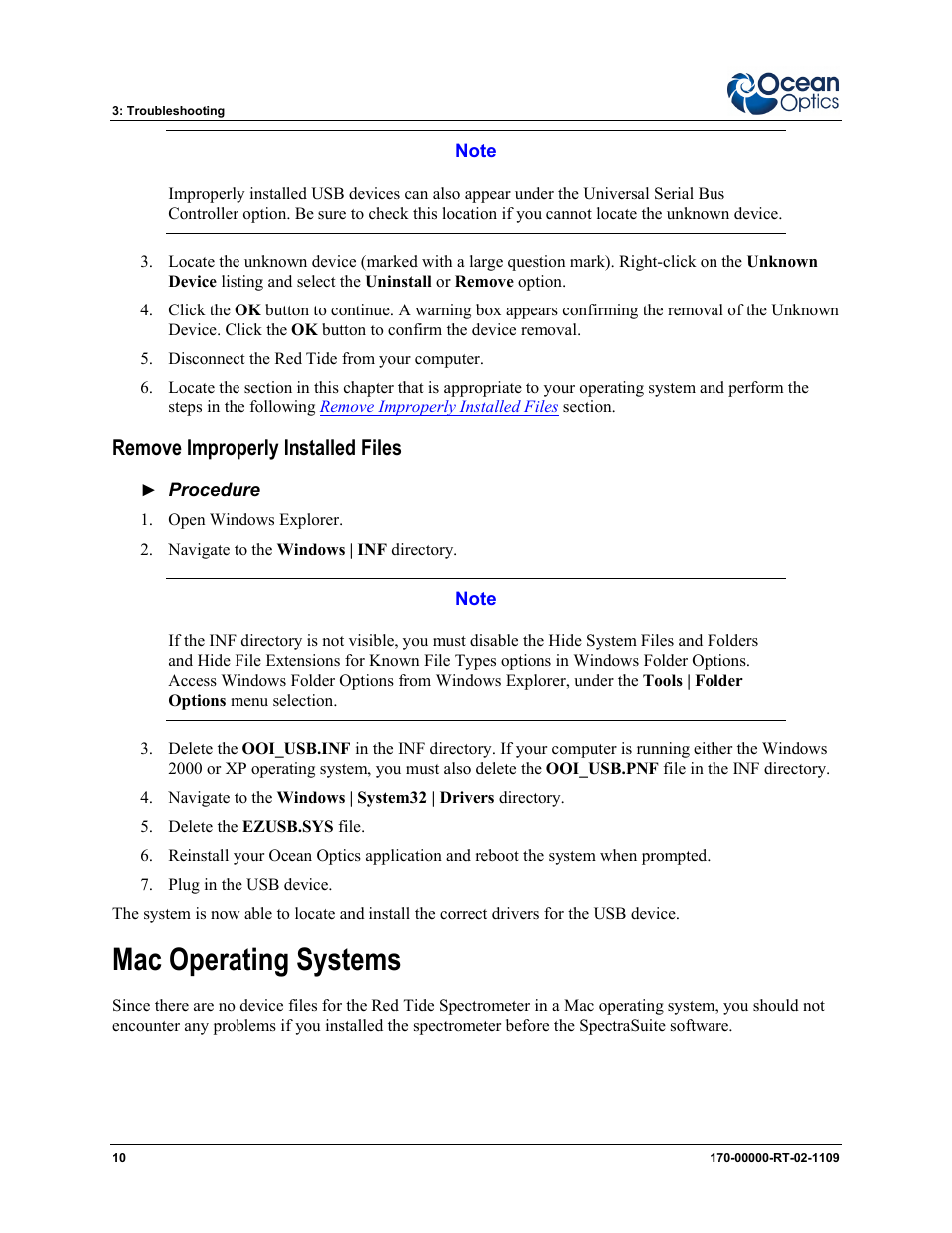 Mac operating systems, Remove improperly installed files | Ocean Optics Red Tide USB650 Install User Manual | Page 16 / 26