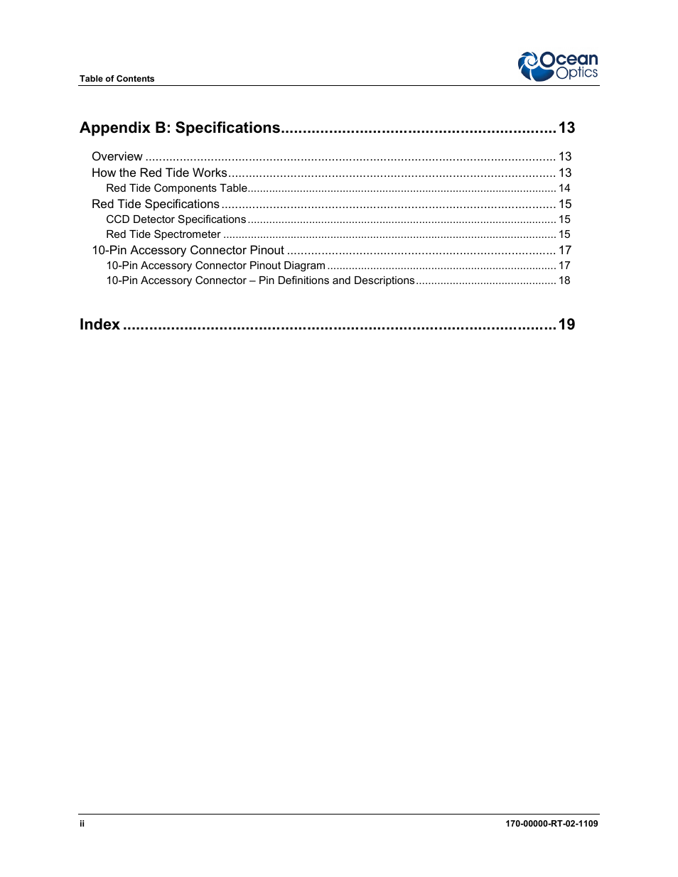 Appendix b: specifications, Index | Ocean Optics Red Tide USB650 Install User Manual | Page 4 / 26