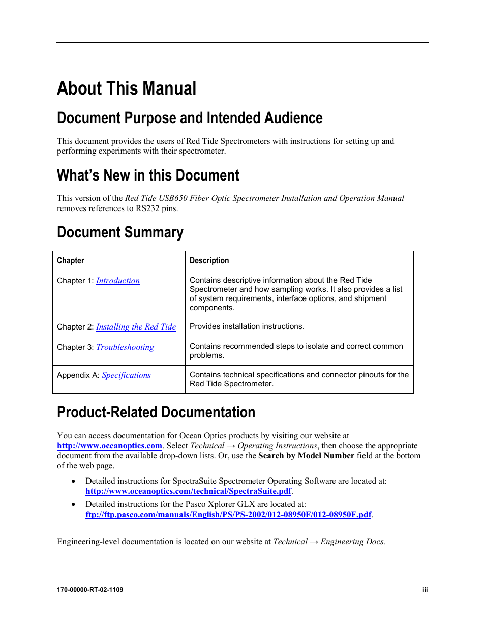 About this manual, Document purpose and intended audience, What’s new in this document | Document summary, Product-related documentation | Ocean Optics Red Tide USB650 Install User Manual | Page 5 / 26