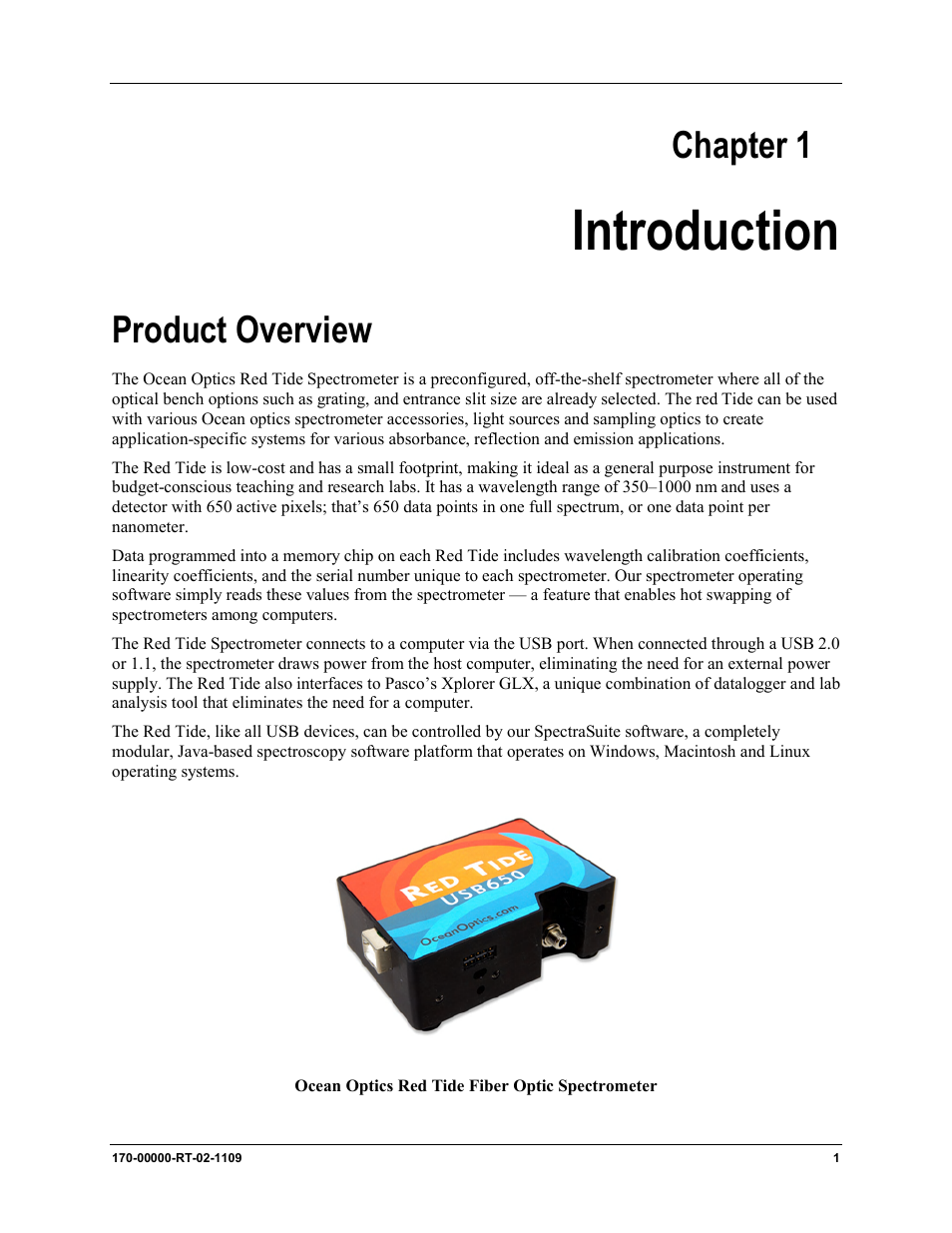 Chapter 1: introduction, Product overview, Chapter 1 | Introduction | Ocean Optics Red Tide USB650 Install User Manual | Page 7 / 26