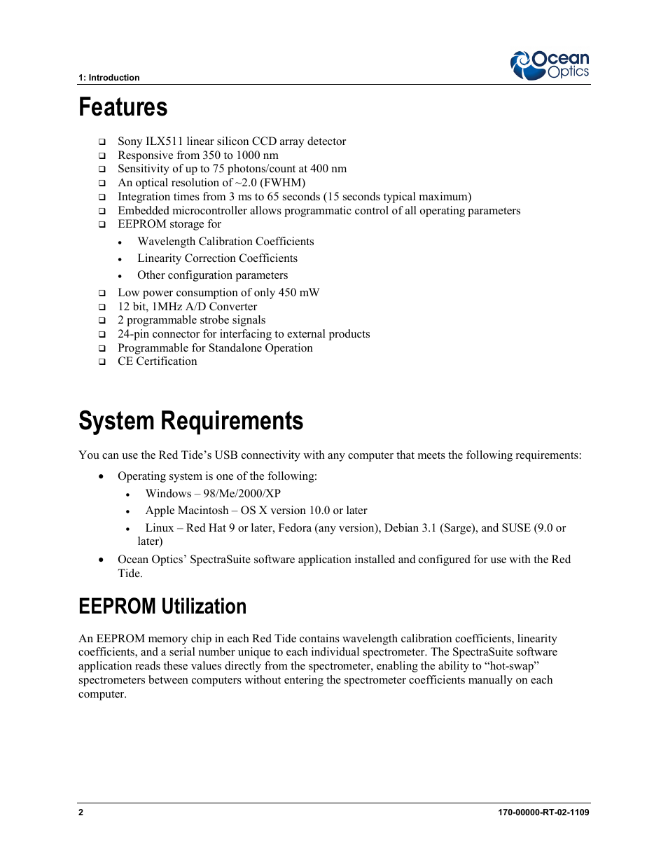 Features system requirements, Eeprom utilization, Features | System requirements | Ocean Optics Red Tide USB650 Install User Manual | Page 8 / 26