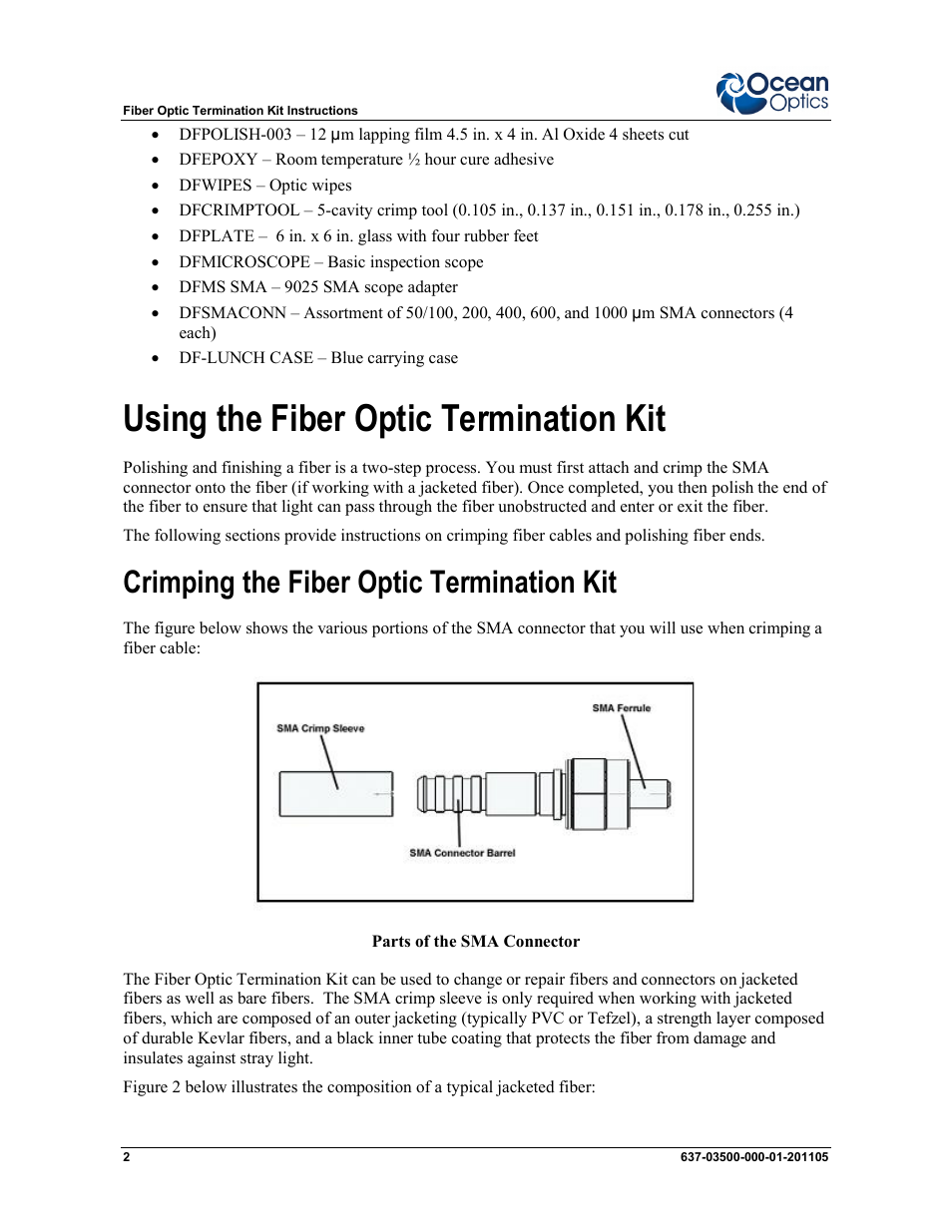 Using the fiber optic termination kit, Crimping the fiber optic termination kit | Ocean Optics Fiber Optic Termination Kit User Manual | Page 2 / 6