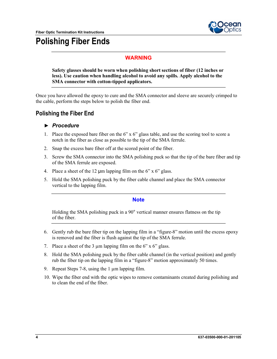 Polishing fiber ends, Polishing the fiber end | Ocean Optics Fiber Optic Termination Kit User Manual | Page 4 / 6