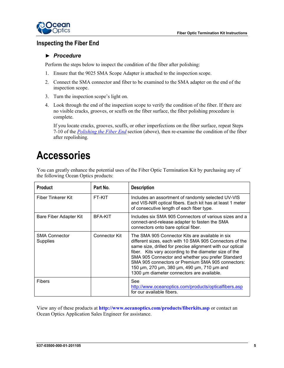 Accessories, Inspecting the fiber end | Ocean Optics Fiber Optic Termination Kit User Manual | Page 5 / 6