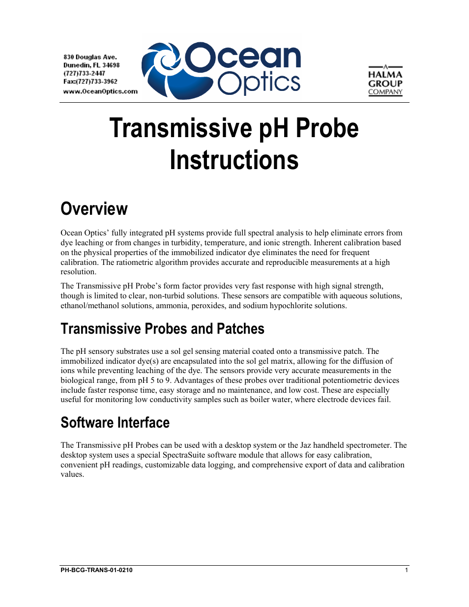 Ocean Optics Transmissive pH Probe User Manual | 10 pages