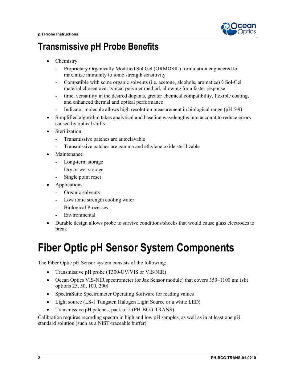 Fiber optic ph sensor system components, Transmissive ph probe benefits | Ocean Optics Transmissive pH Probe User Manual | Page 2 / 10