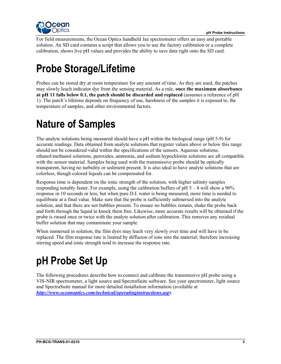 Probe storage/lifetime, Nature of samples, Ph probe set up | Ocean Optics Transmissive pH Probe User Manual | Page 3 / 10