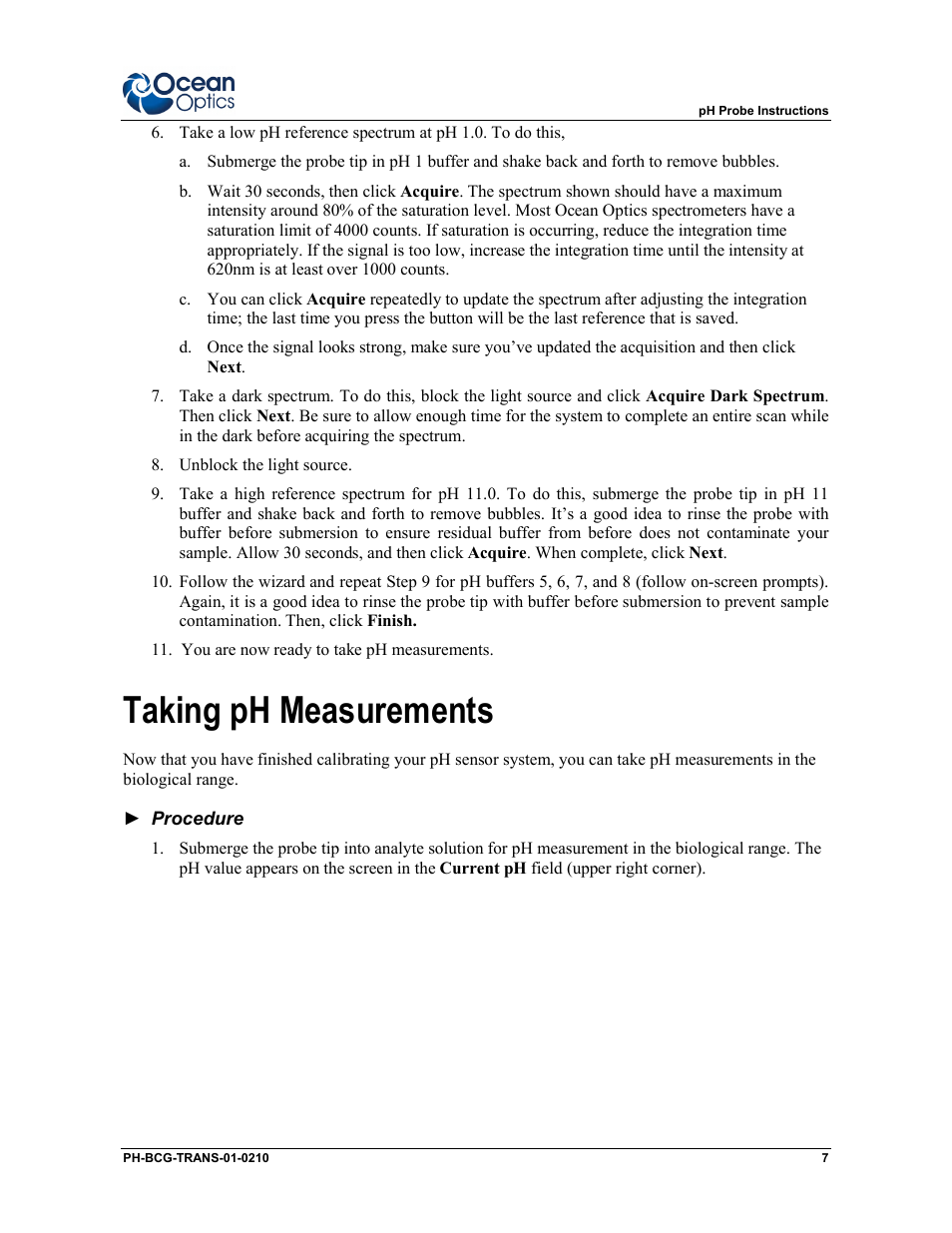 Taking ph measurements | Ocean Optics Transmissive pH Probe User Manual | Page 7 / 10