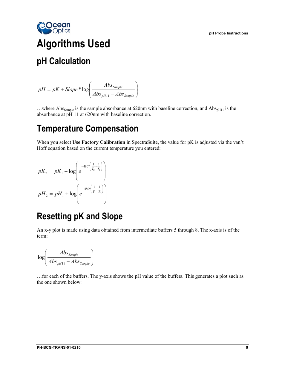 Algorithms used, Ph calculation, Temperature compensation | Resetting pk and slope | Ocean Optics Transmissive pH Probe User Manual | Page 9 / 10