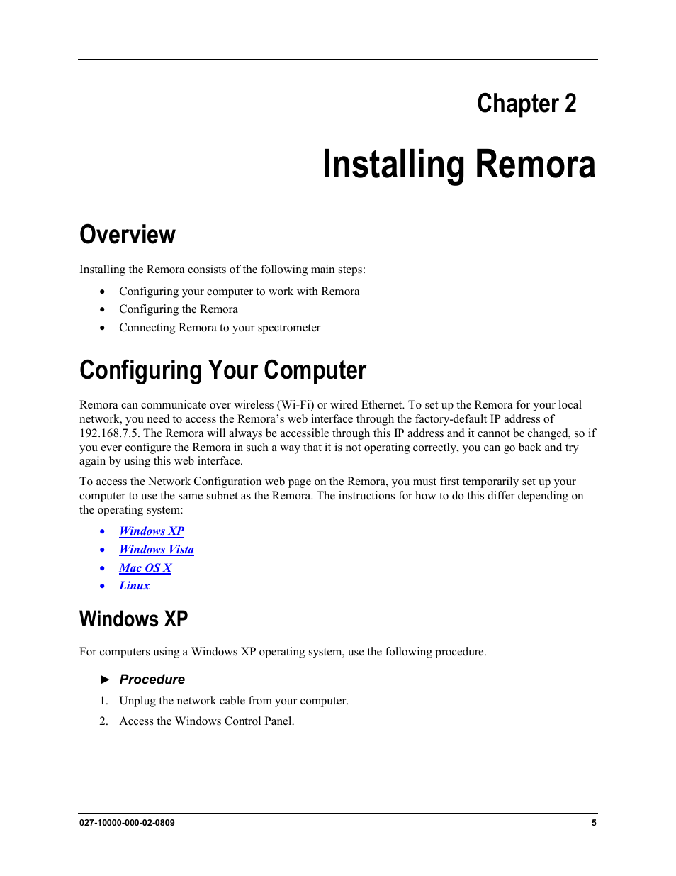 Chapter 2: installing remora, Overview configuring your computer, Windows xp | Chapter 2, Installing remora, Overview, Configuring your computer | Ocean Optics Remora User Manual | Page 11 / 42