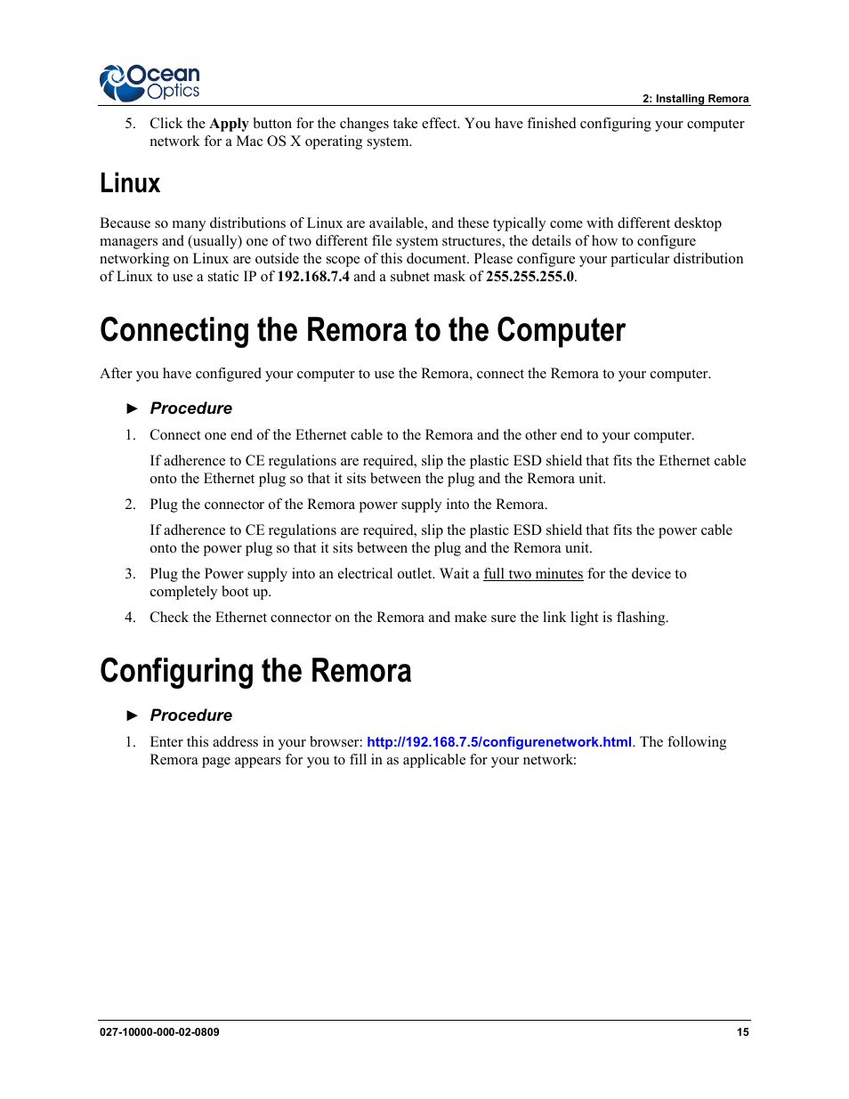 Linux, Connecting the remora to the computer, Configuring the remora | Ocean Optics Remora User Manual | Page 21 / 42