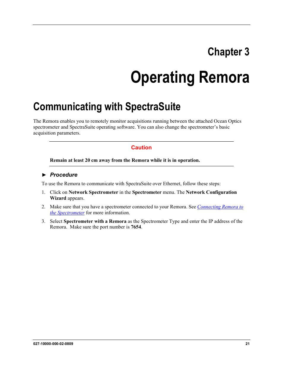 Chapter 3: operating remora, Chapter 3, Operating remora | Communicating with spectrasuite | Ocean Optics Remora User Manual | Page 27 / 42