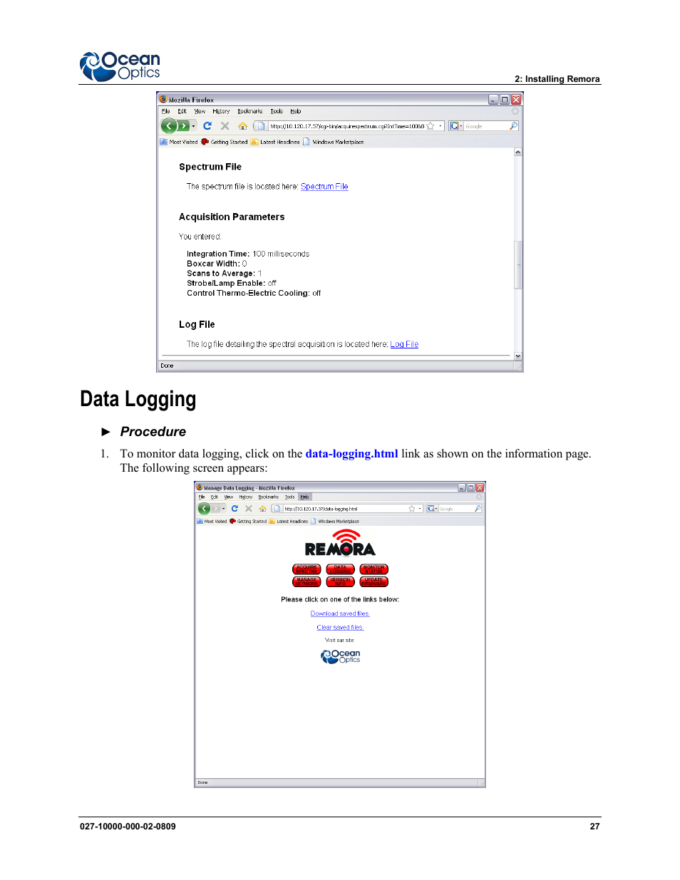 Data logging | Ocean Optics Remora User Manual | Page 33 / 42
