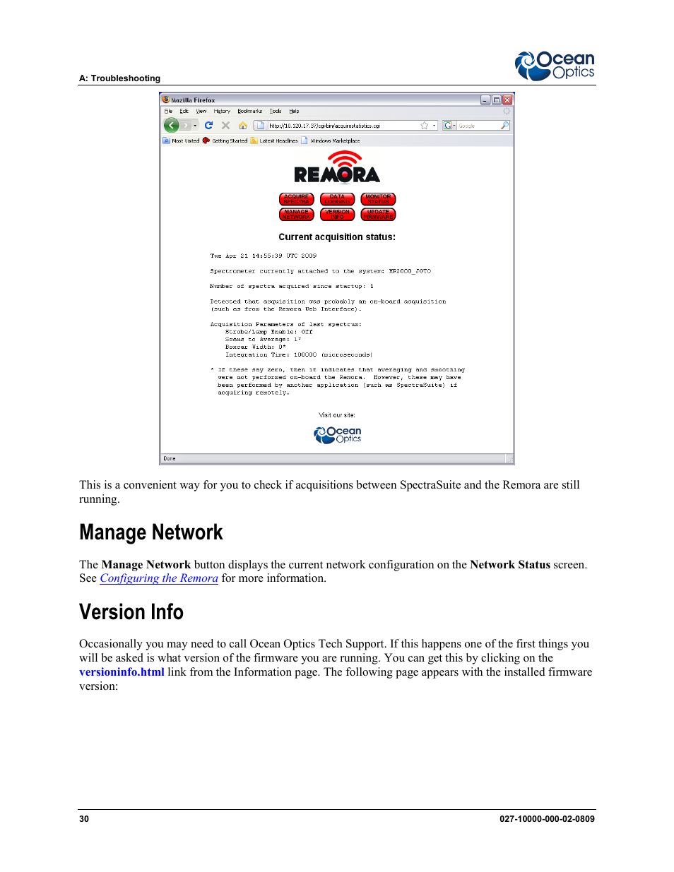 Manage network version info, Manage network, Version info | Ocean Optics Remora User Manual | Page 36 / 42
