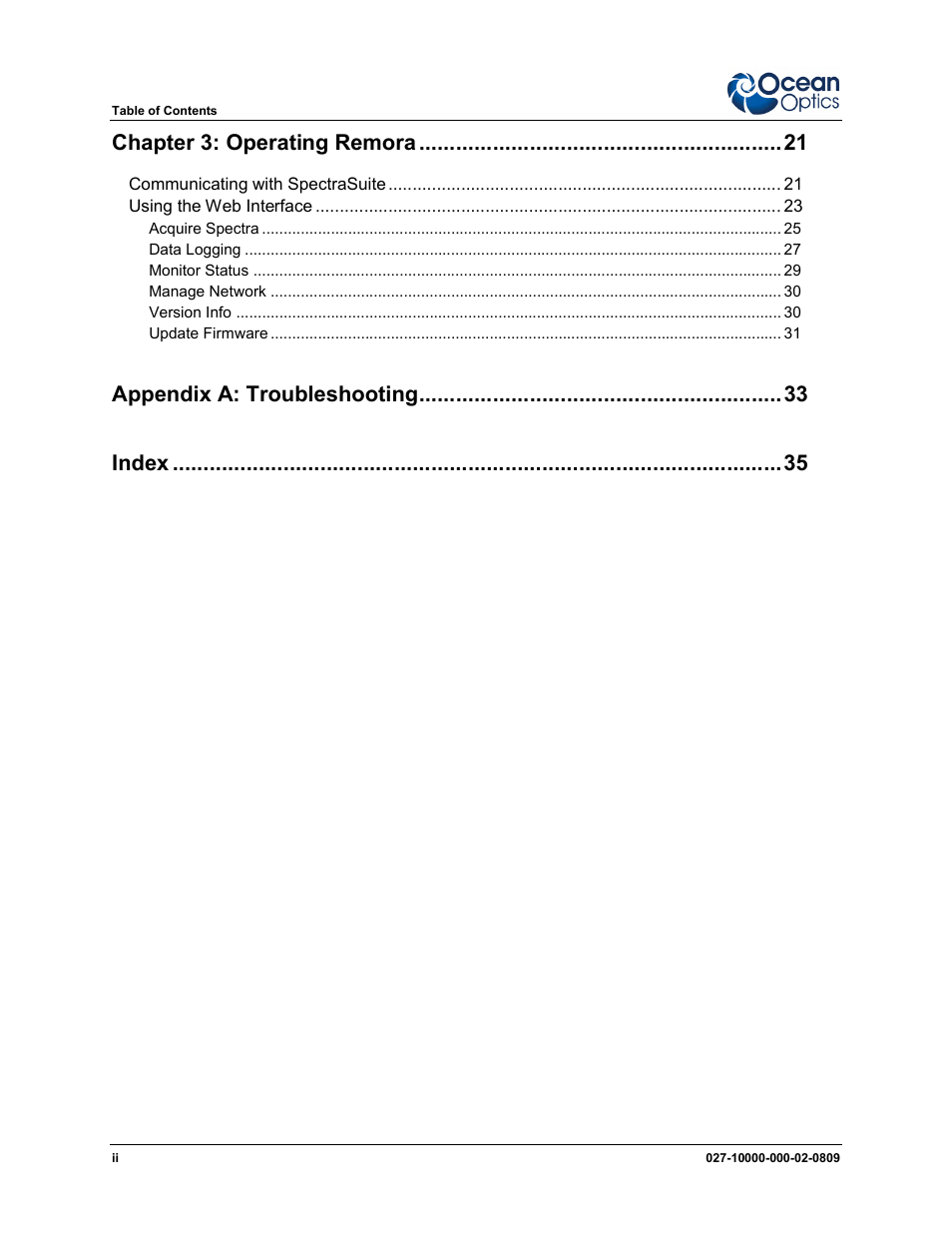 Chapter 3: operating remora, Appendix a : troubleshooting index | Ocean Optics Remora User Manual | Page 4 / 42