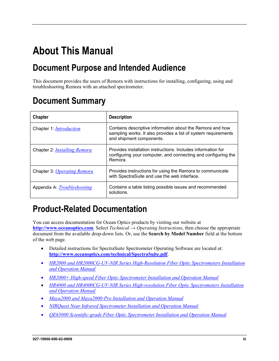 About this manual, Document purpose and intended audience, Document summary | Product-related documentation | Ocean Optics Remora User Manual | Page 5 / 42