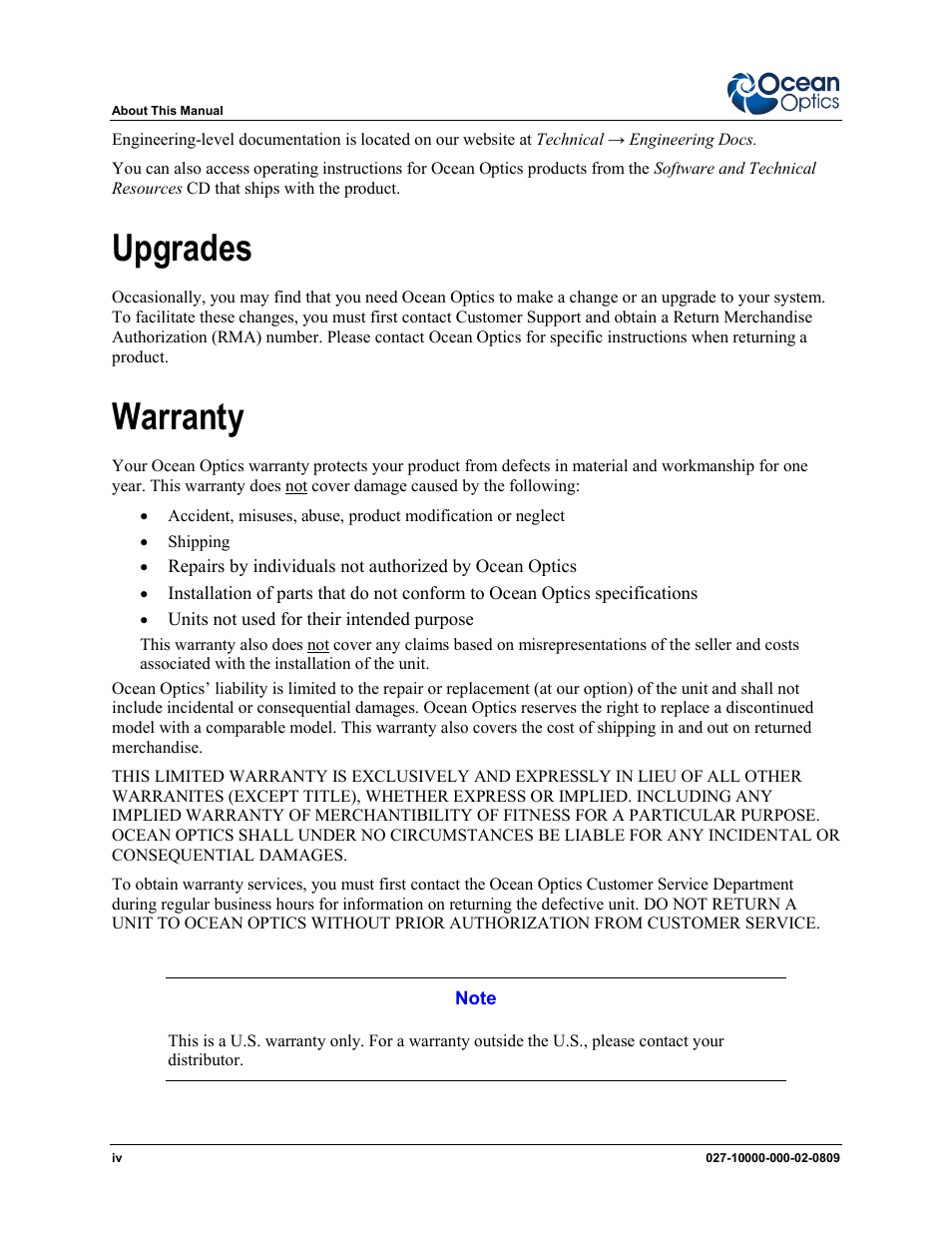 Upgrades, Warranty | Ocean Optics Remora User Manual | Page 6 / 42