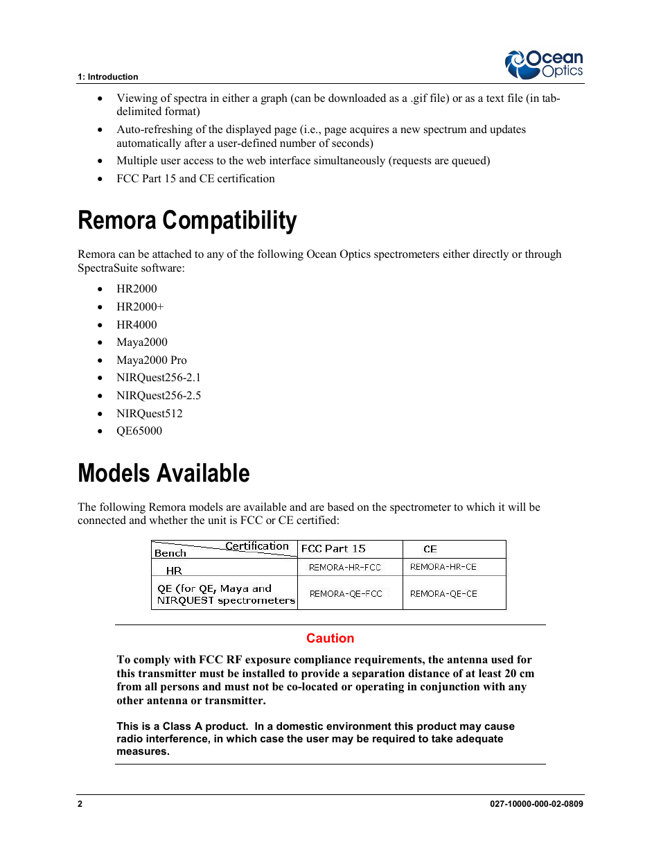 Remora compatibility models available, Remora compatibility, Models available | Ocean Optics Remora User Manual | Page 8 / 42
